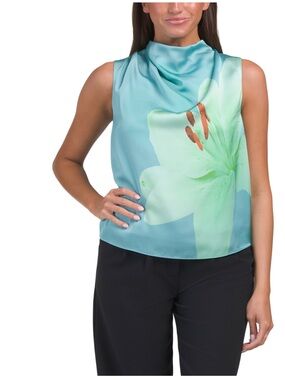 Rachel Zoe Sleeveless Aqua Floral‎ Cowl-Neck Satin Top